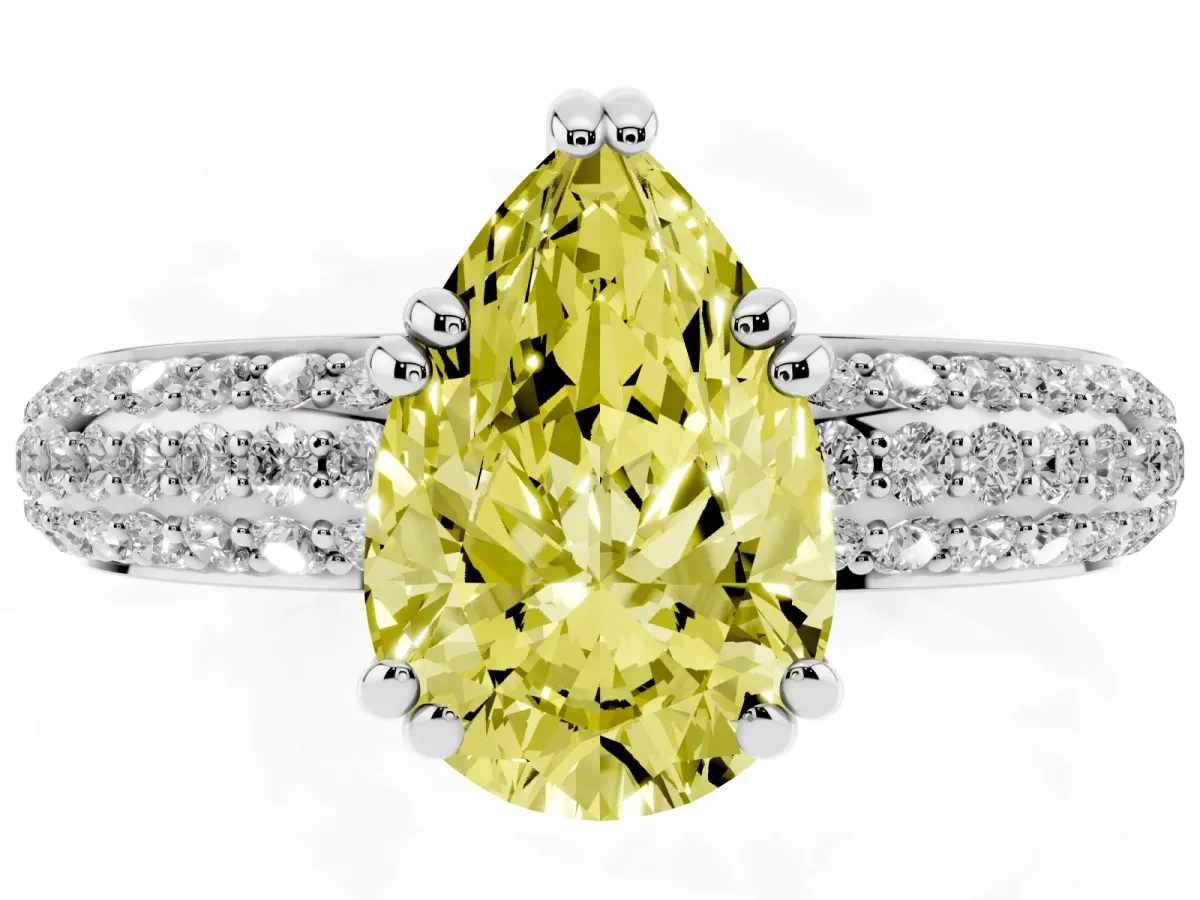 Fancy Yellow Pear Cut Diamond Solitaire Ring with Multi-Row Round Pavé Band and Prong Setting Silver