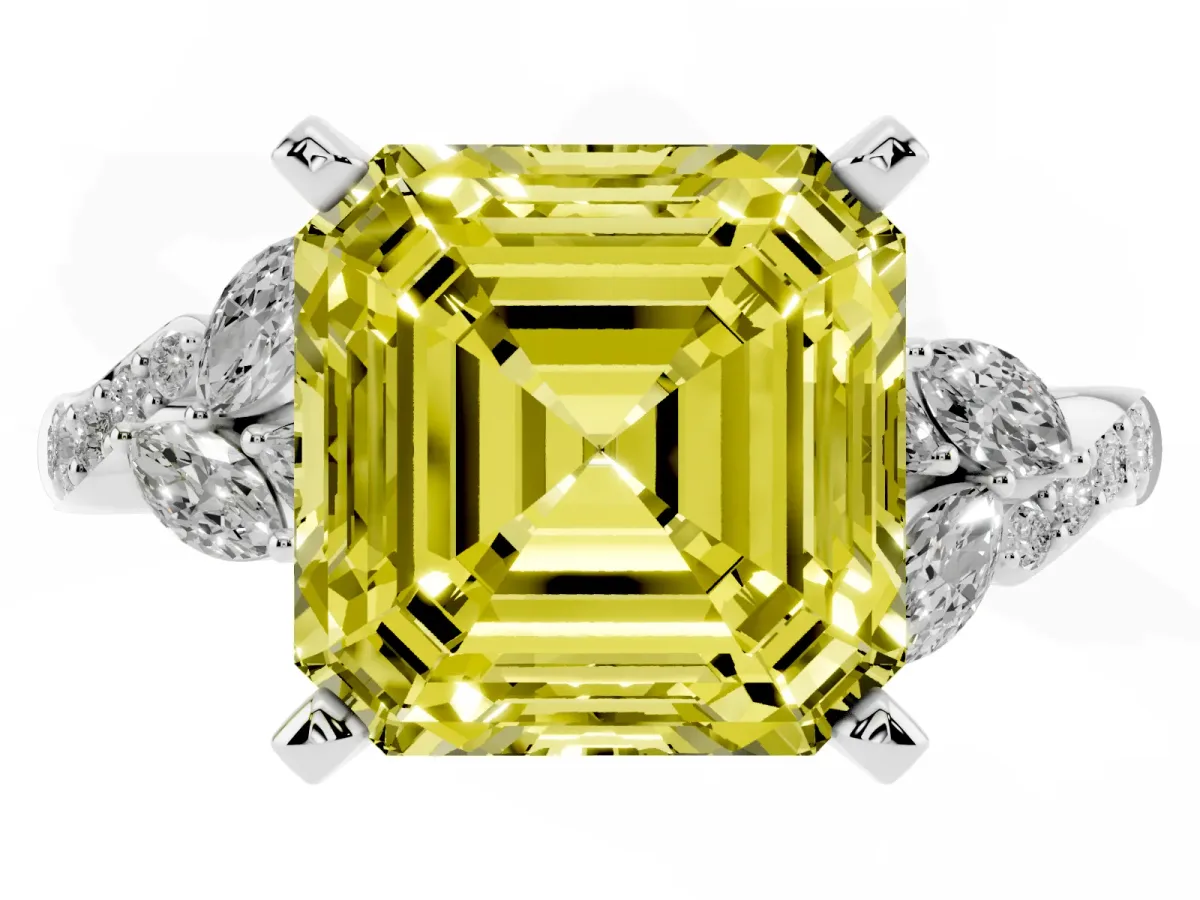 Fancy Yellow Asscher Cut Solitaire Marquise Twist Band with Six-Prong Setting Silver