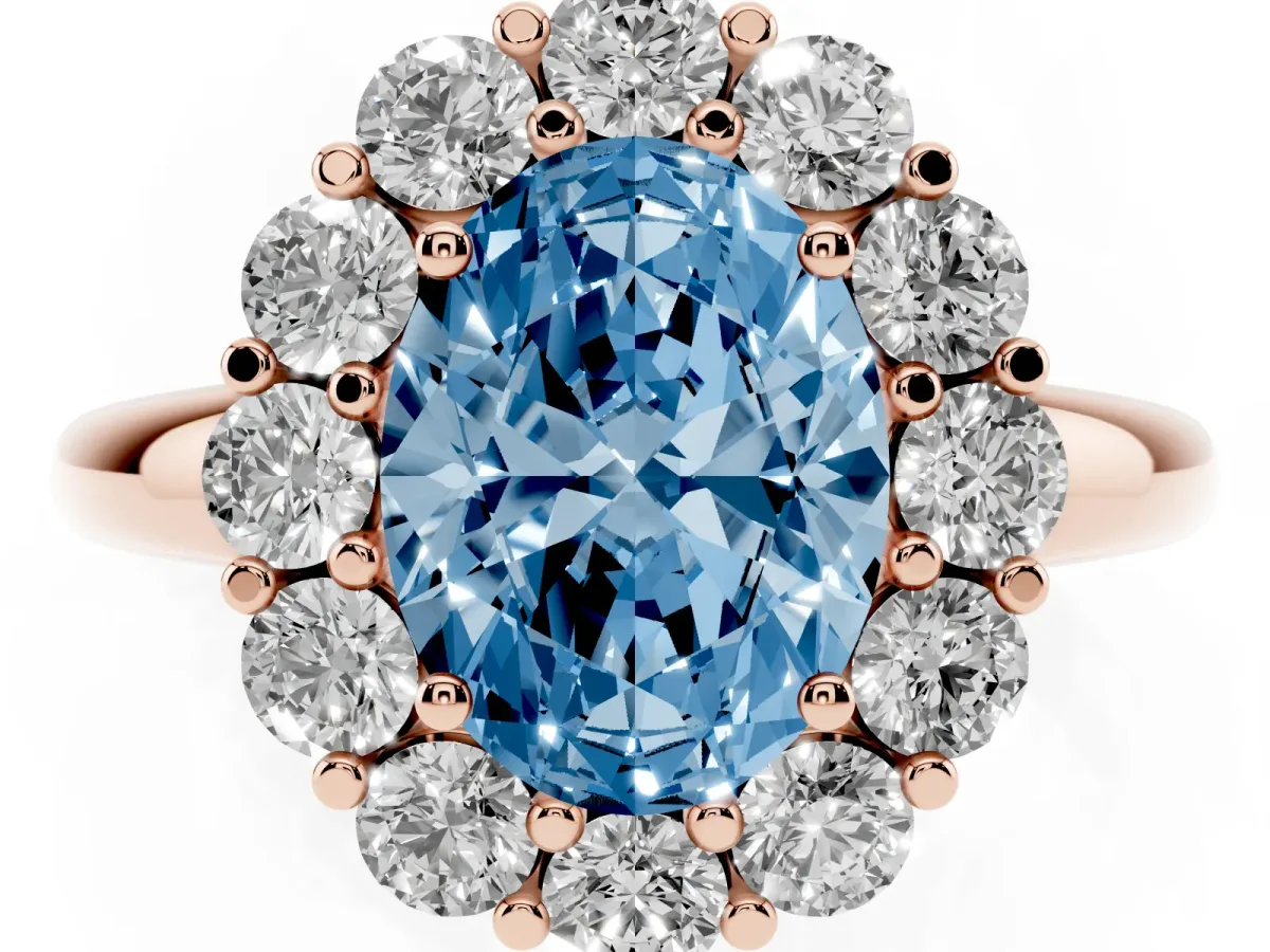 Fancy Blue Oval Cut Halo Cluster Diamond Engagement Ring with Prong Setting and Polished Band Rose gold