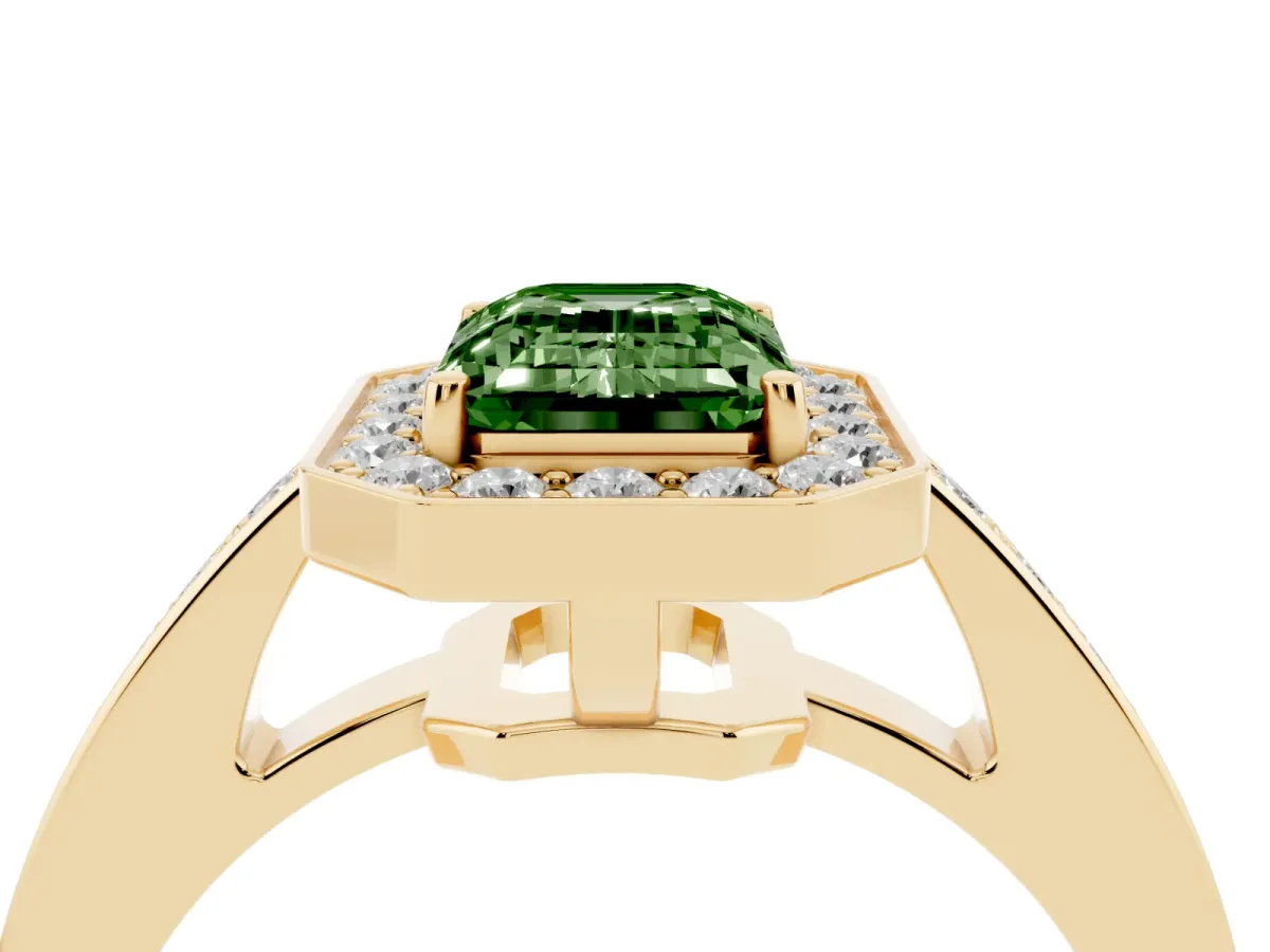 Fancy Green Emerald Cut Halo Pavé Diamond Engagement Ring with Bezel Setting Yellow gold