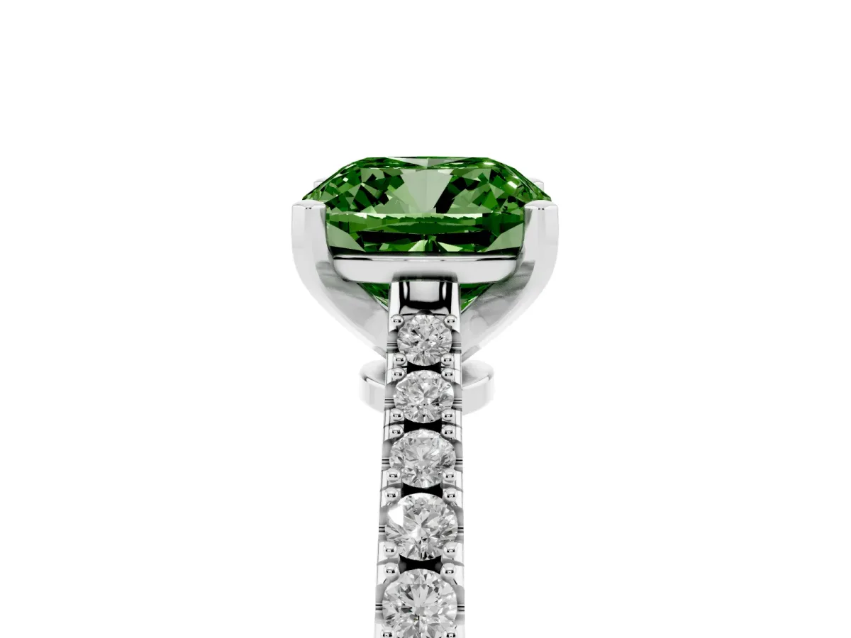Fancy Green Cushion Cut Cut Solitaire Diamond Engagement Ring with Pave Band and Four-Prong Setting Platinum