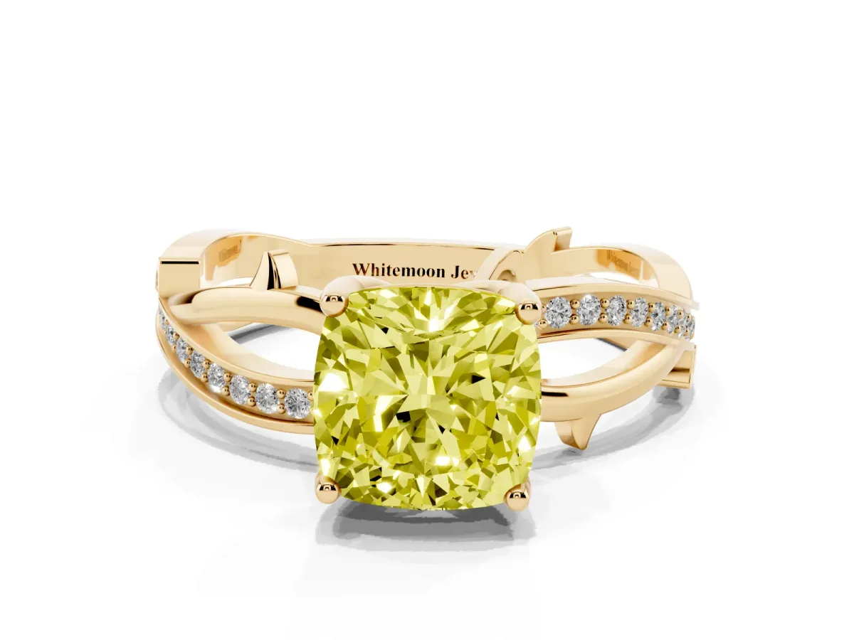 Fancy Yellow Cushion Cut Solitaire Twist Band with Pavé Accents and Four-Prong Setting Yellow gold
