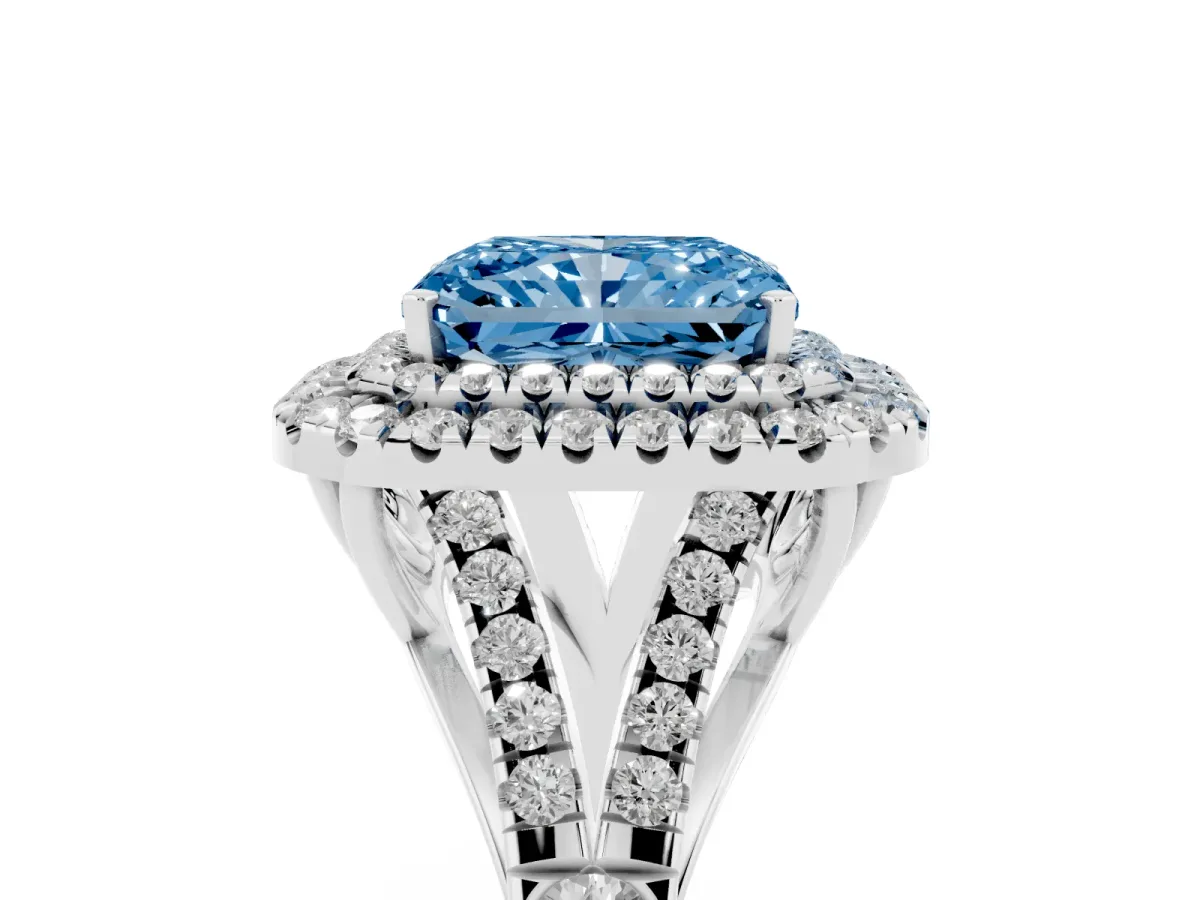 Fancy Blue Radiant Cut Diamond Double Halo Ring with Split Shank and Prong Setting Platinum