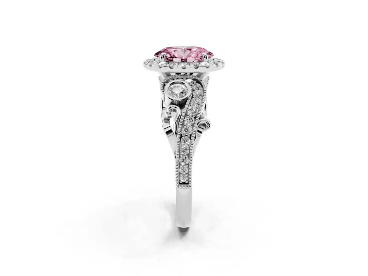 Fancy Pink Oval Cut Halo Diamond Ring with Milgrain and Bezel Accents on a Split Shank Band Silver