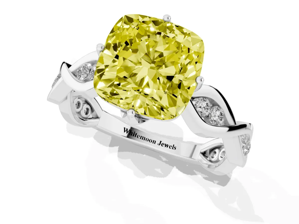 Fancy Yellow Cushion Cut Solitaire Twist Band with Leaf Prong Setting Silver