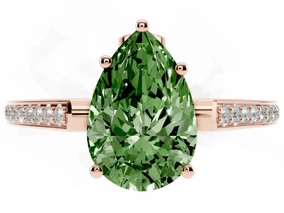 Fancy Green Pear Cut Cut Cathedral Pave Diamond Engagement Ring with Six-Prong Setting Rose gold