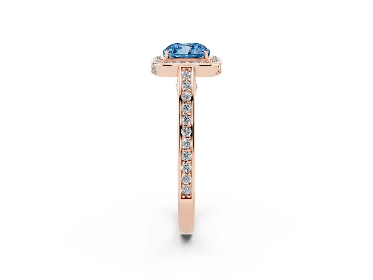 Fancy Blue Cushion Cut Cut Halo Pave Split Shank Prong Setting Ring Rose gold