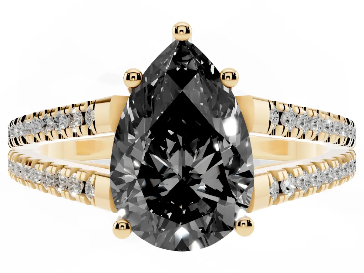 Fancy Black Pear Cut Diamond Solitaire Engagement Ring with Split Shank Pavé Band Yellow gold