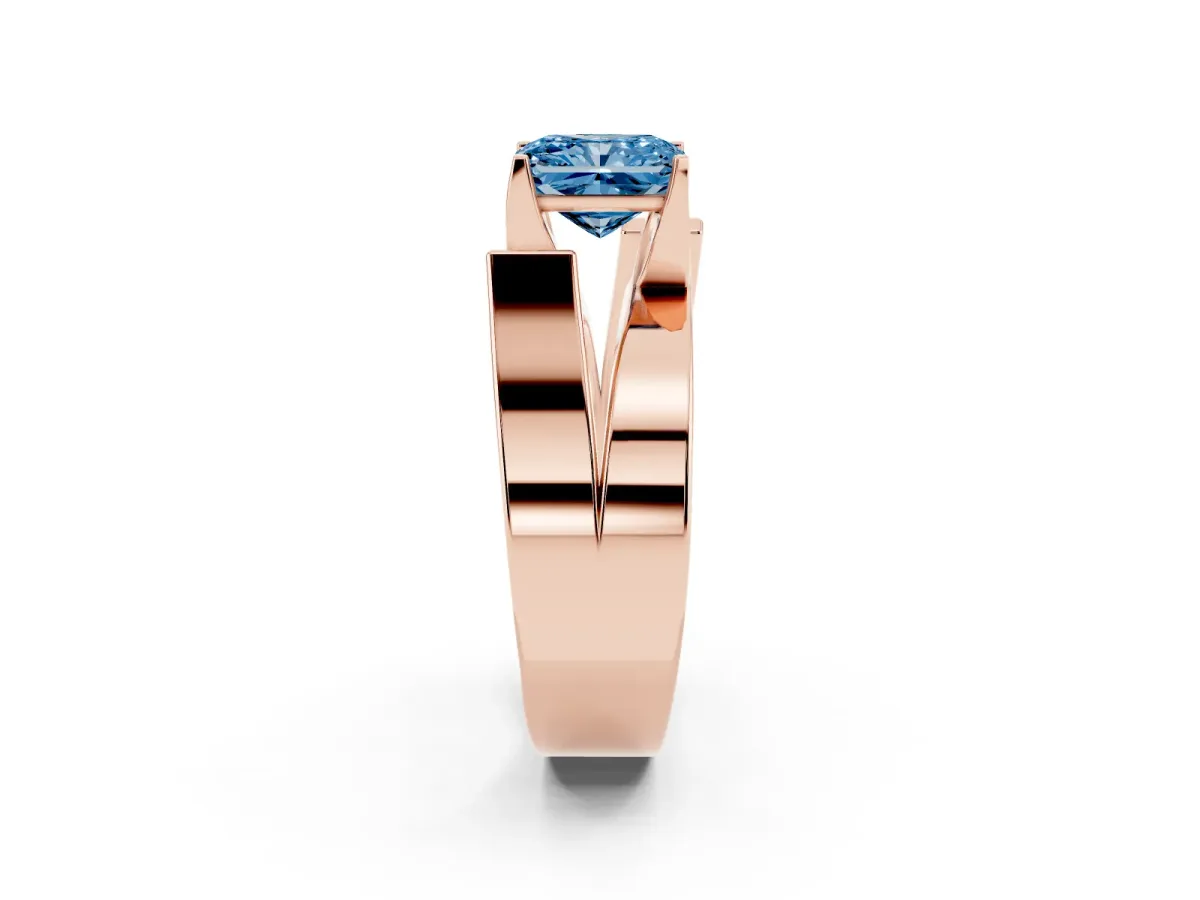 Fancy Blue Modern Tension Set Radiant Cut Diamond Solitaire Wide Band Ring Rose gold