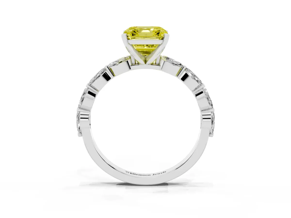 Fancy Yellow Asscher Cut Diamond Ring with Marquise Side Stones and Prong Setting Platinum