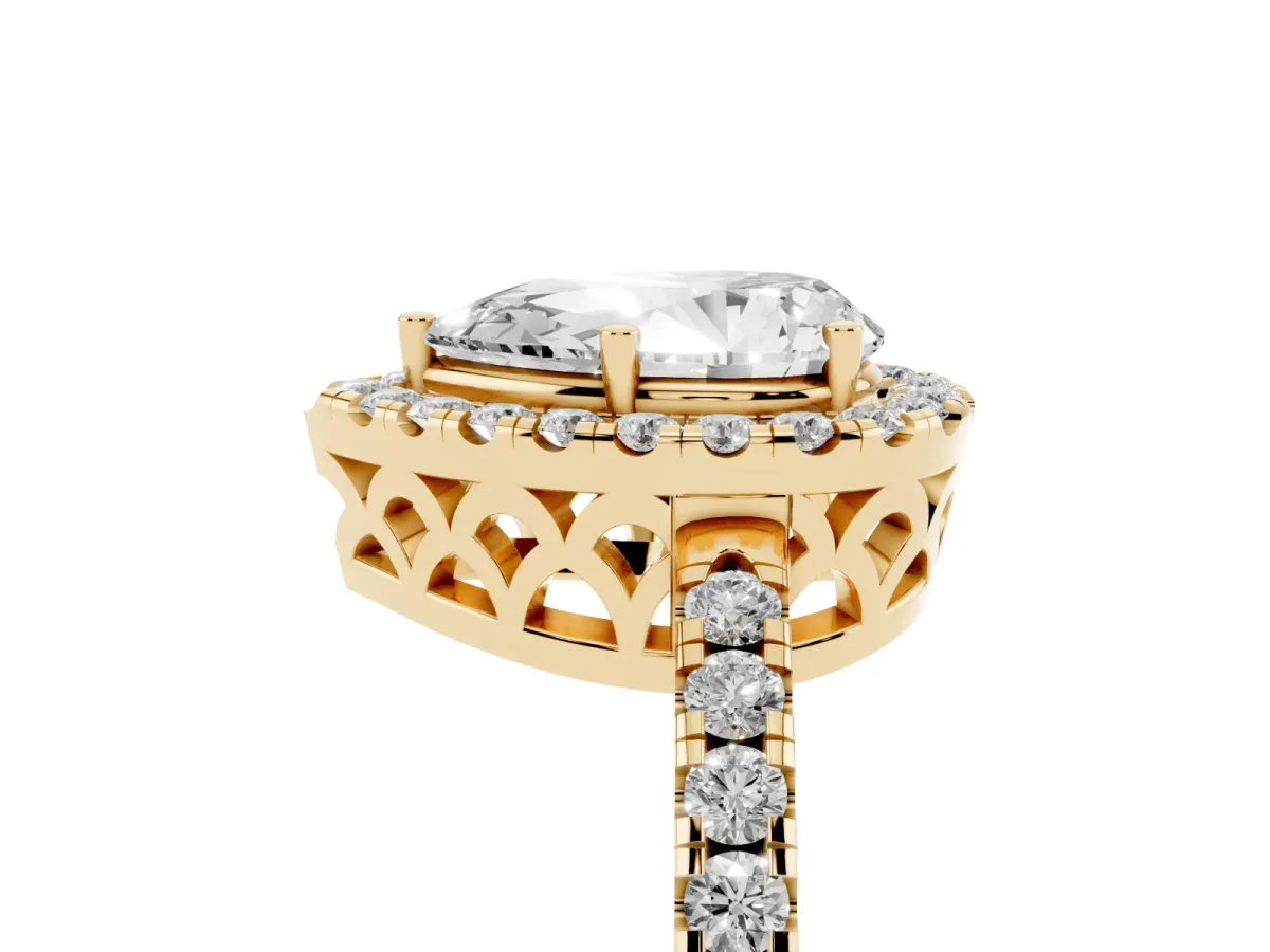 Pear Cut Halo Diamond Engagement Ring with Pavé Band and Four-Prong Setting Yellow gold