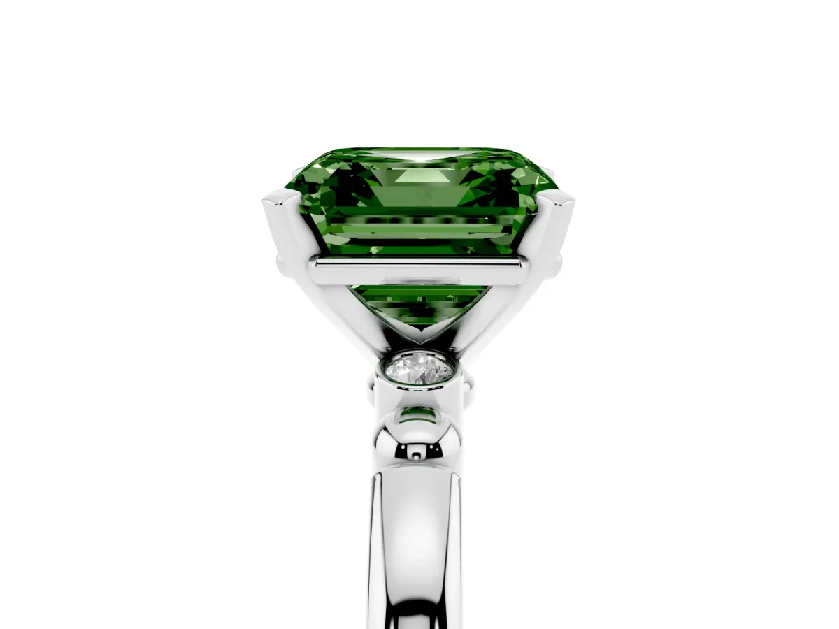 Fancy Green Asscher Cut Solitaire Beaded Band with Four-Prong Setting Silver