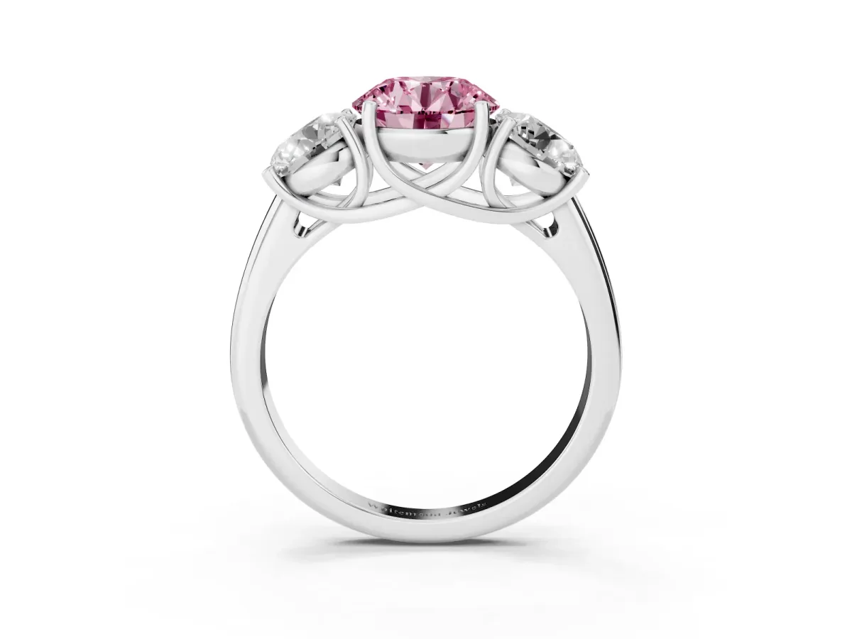 Fancy Pink Three-Stone Round Cut Diamond Engagement Ring with Prong Setting Silver