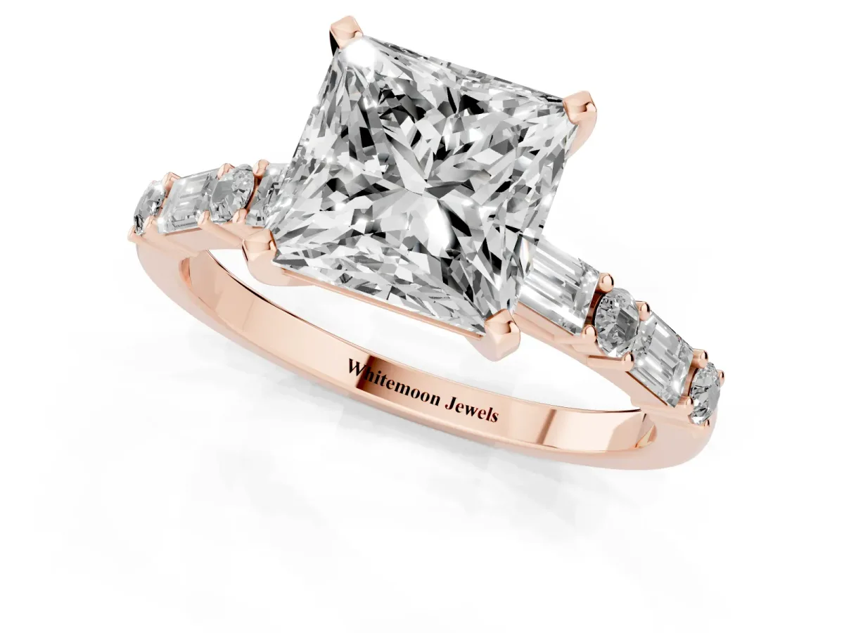 Princess Cut Diamond Solitaire with Side Baguettes and Channel Set Band Rose gold