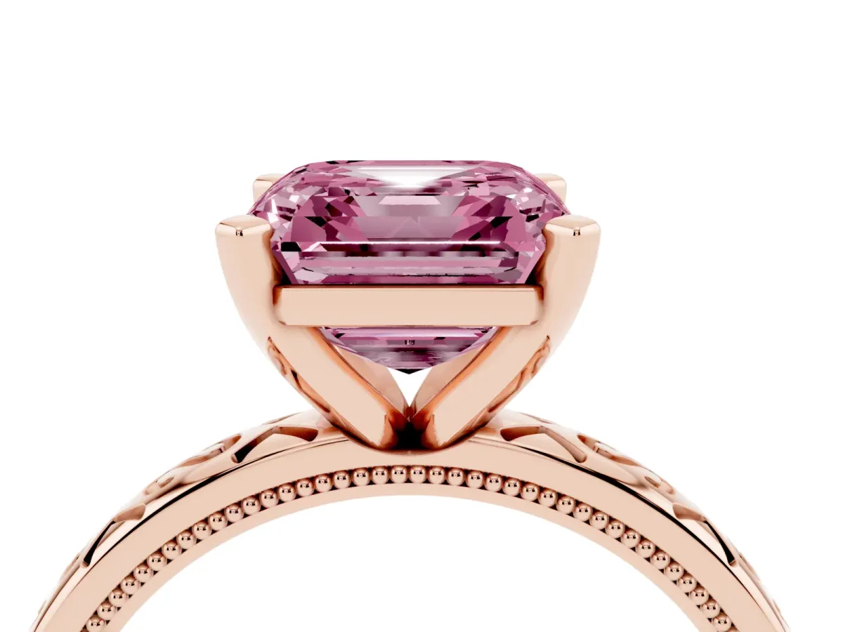 Fancy Pink Asscher Cut Solitaire Engagement Ring with Scrollwork Band and Four-Prong Setting Rose gold
