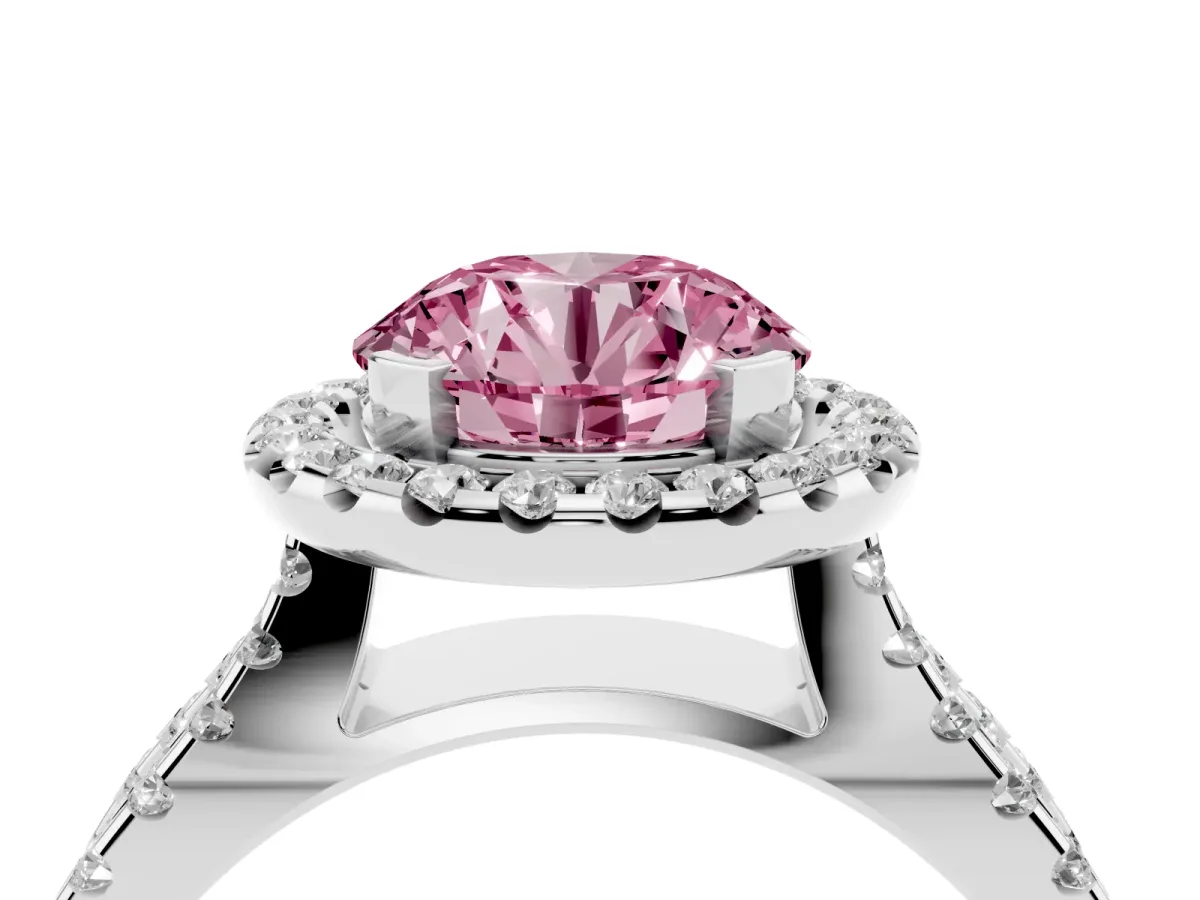 Fancy Pink Round Cut Diamond Halo Ring with Split Shank Pavé Band and Prong Setting Silver