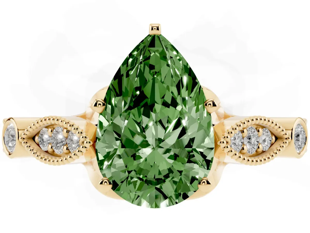 Fancy Green Pear Cut Cut Diamond with Milgrain Marquise and Bezel Accents on a Solitaire Band with Prong Setting Yellow gold