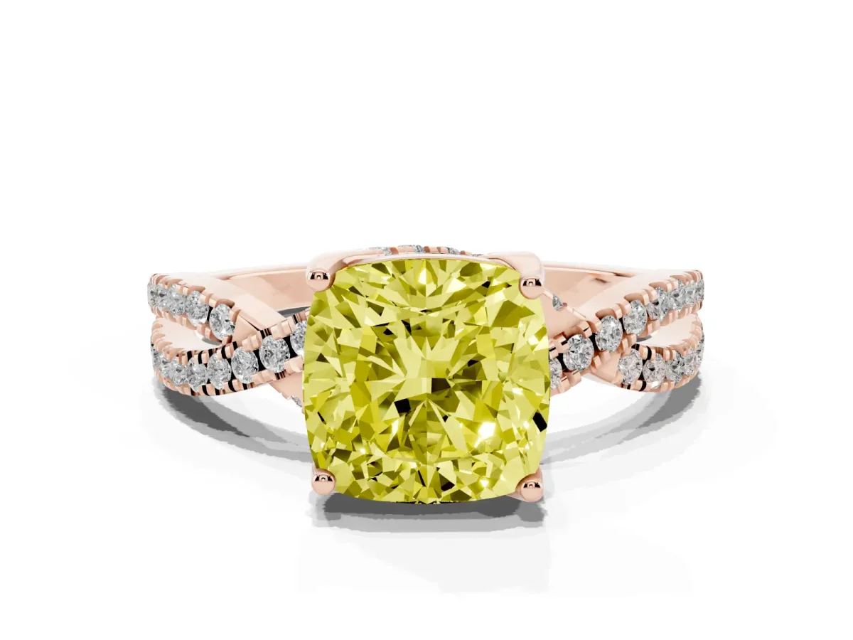 Fancy Yellow Cushion Cut Solitaire Twist Pave Diamond Engagement Ring with Prong Setting Rose gold