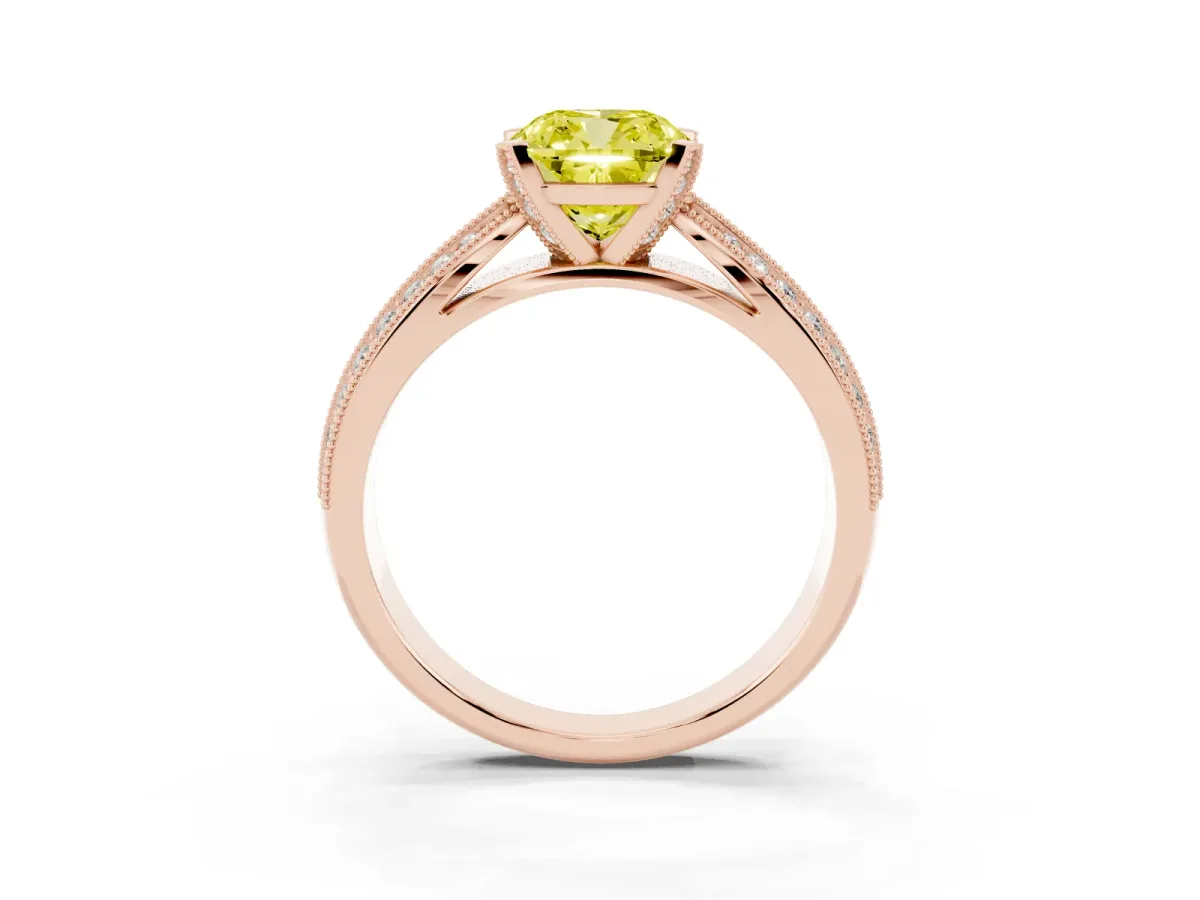 Fancy Yellow Cushion Cut Diamond Solitaire Ring with Milgrain Round Pavé Band and Prong Setting Rose gold