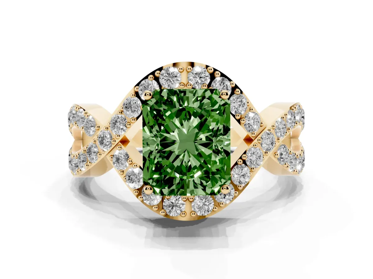 Fancy Green Radiant Cut Solitaire Twist Band Pavé Diamond Engagement Ring Yellow gold
