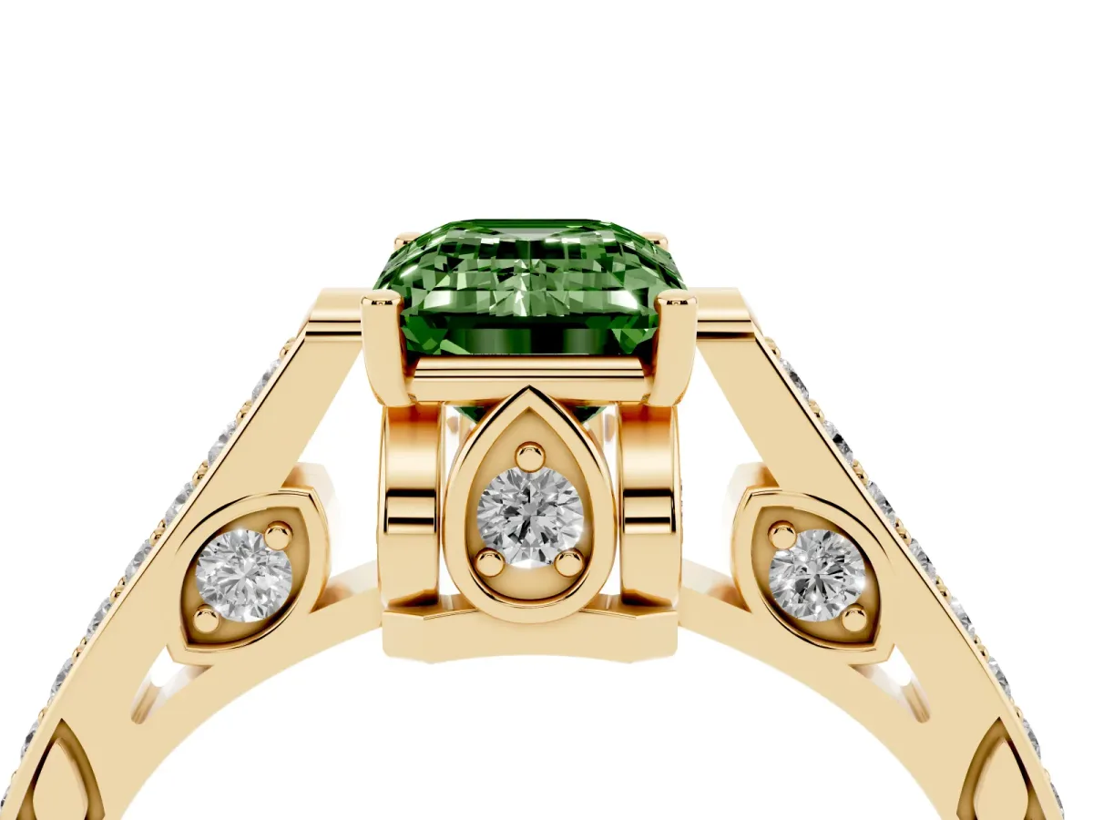 Fancy Green Emerald Cut Cut Cathedral Pave Diamond Engagement Ring with Six-Prong Setting Yellow gold