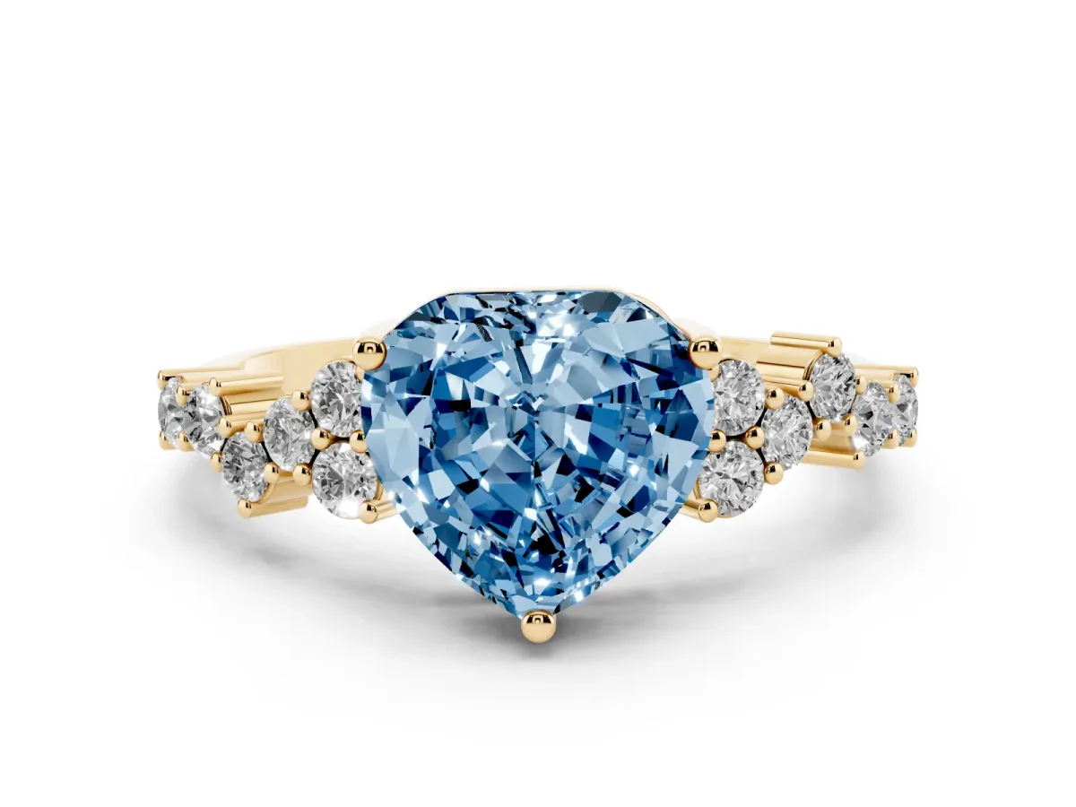 Fancy Blue Heart Cut Diamond Scattered Round Accent Ring with Prong Setting Yellow gold