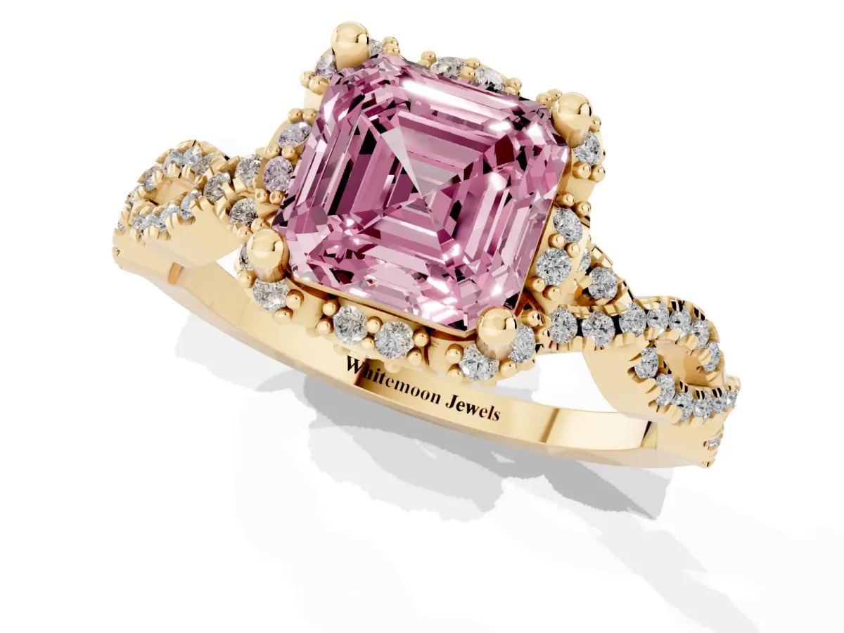 Fancy Pink Asscher Cut Halo Twist Band Solitaire Ring with Six-Prong Setting Yellow gold
