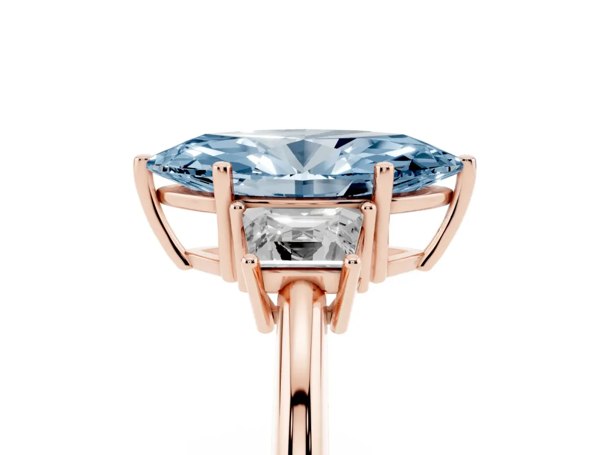 Fancy Blue Marquise Cut Diamond Three-Stone Ring with Trapezoid Side Stones and Prong Setting Rose gold