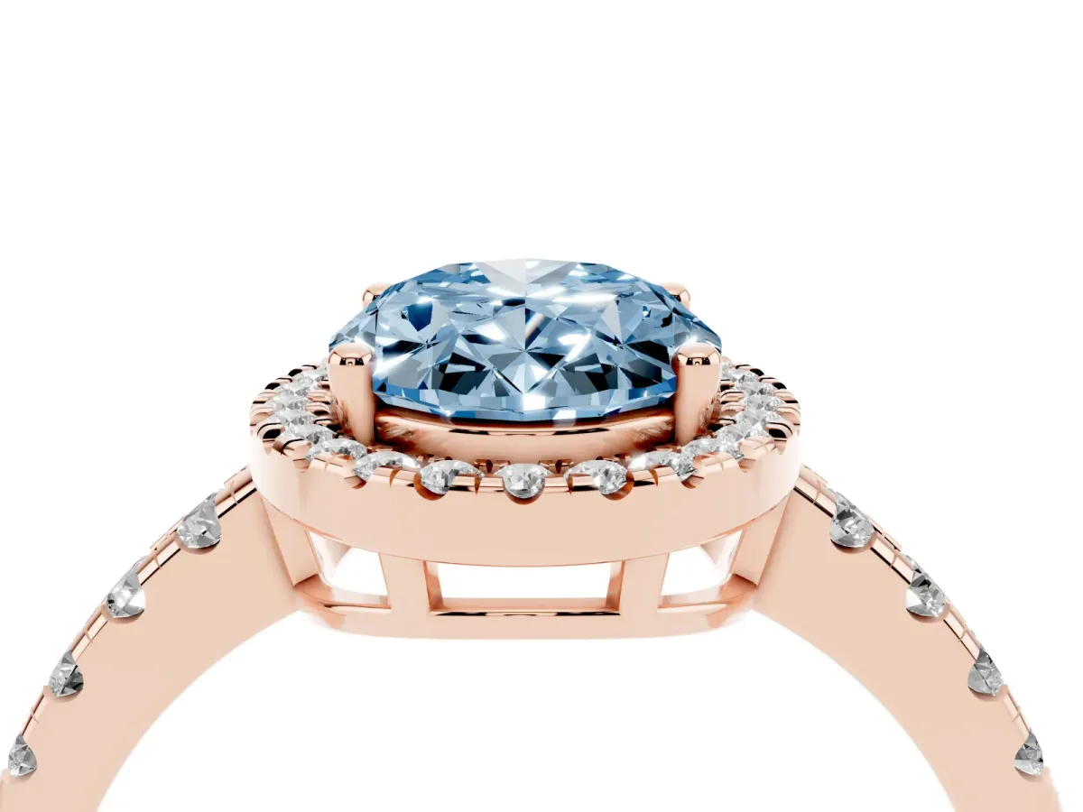 Fancy Blue Oval Cut Diamond Halo Ring with Pavé Band and Four-Prong Setting Rose gold