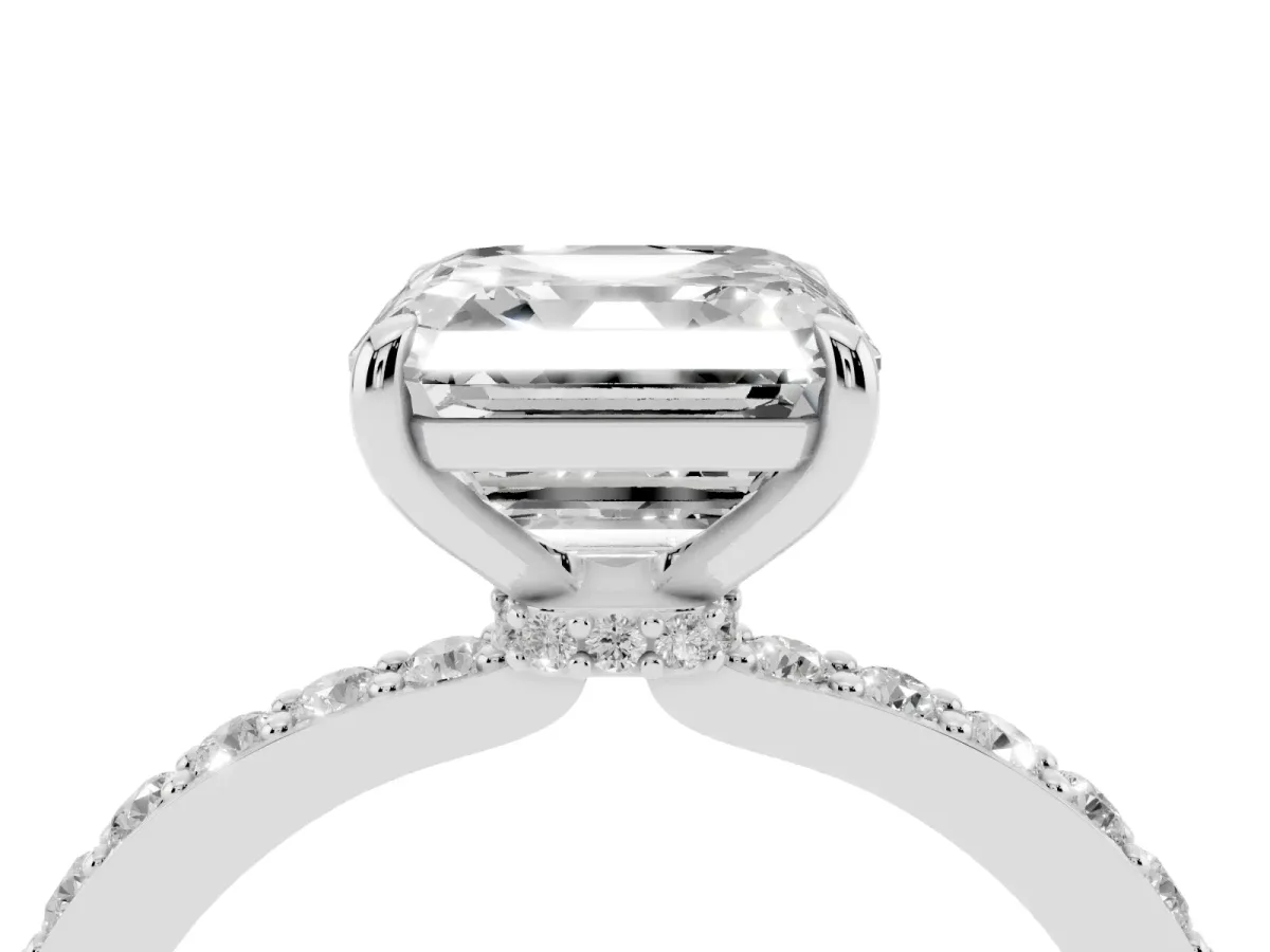 Asscher Cut Diamond Solitaire Engagement Ring with Pavé Band and Four-Prong Setting Platinum