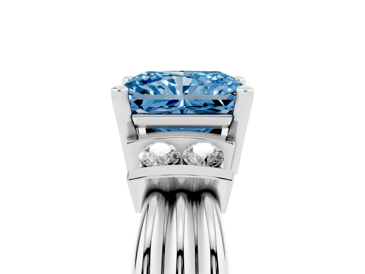 Fancy Blue Radiant Cut Cut Three-Stone Channel Set Ring with Bar Prongs Silver