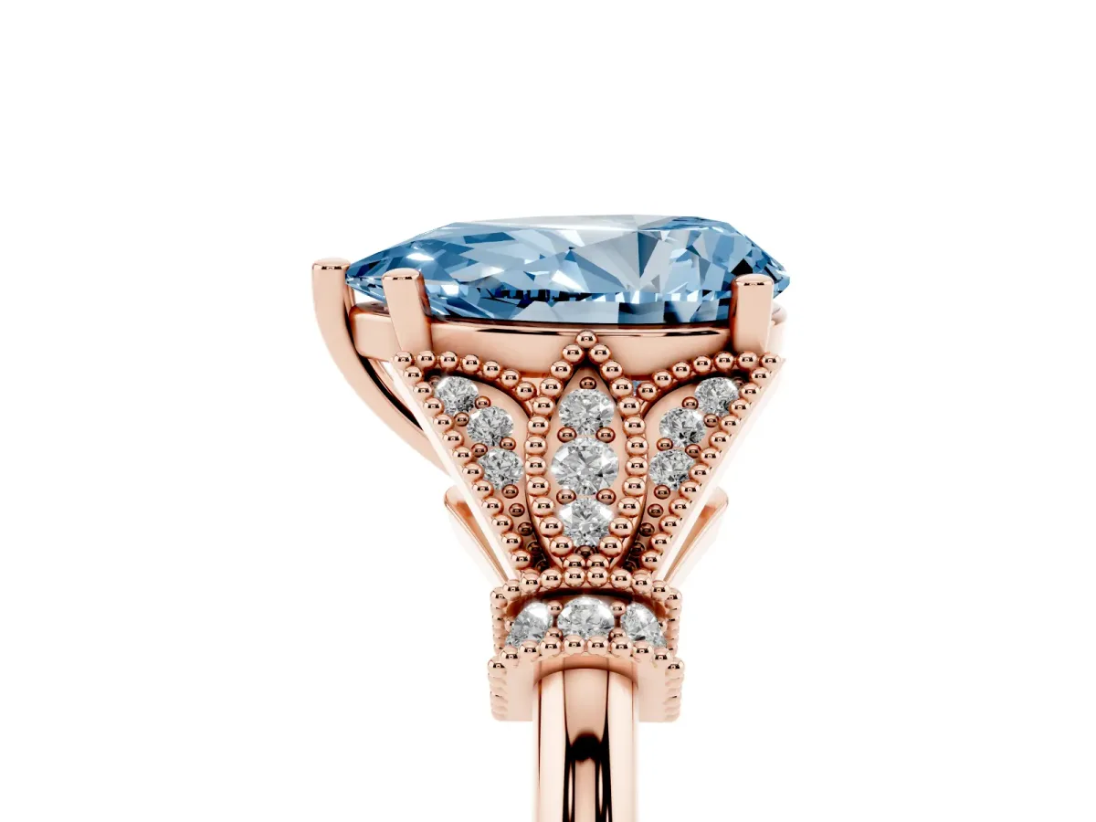 Fancy Blue Pear Cut Diamond Solitaire Ring with Floral Filigree and Pave Accents Rose gold