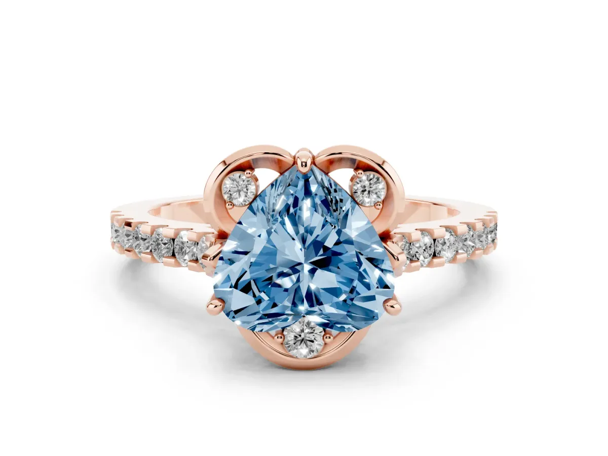 Fancy Blue Heart Cut Diamond Ring with Pavé Band and Floral Prong Setting Rose gold