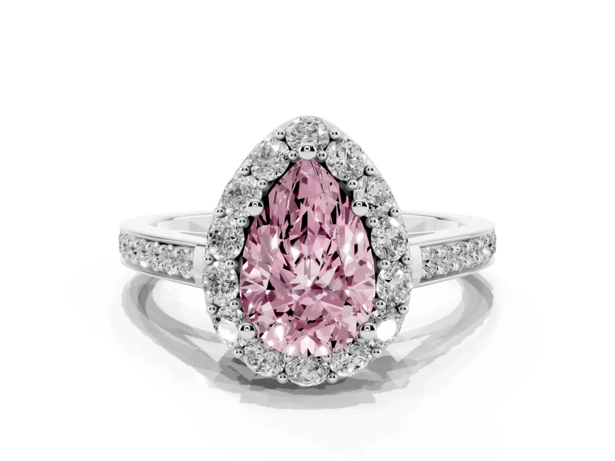 Fancy Pink Pear Cut Diamond Floral Halo Ring with Pavé Band and Prong Setting Platinum