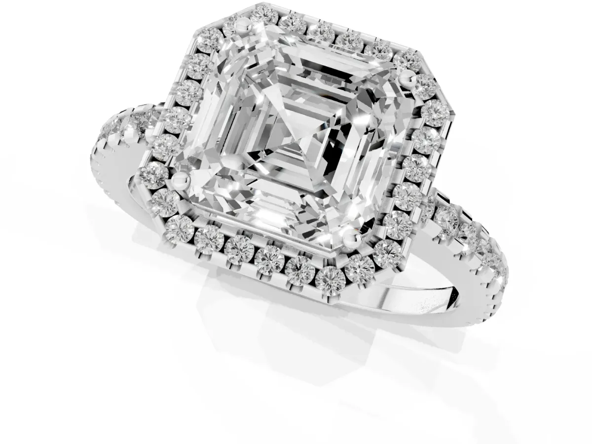 Asscher Cut Diamond Halo Engagement Ring with Pavé Band and Prong Setting Silver