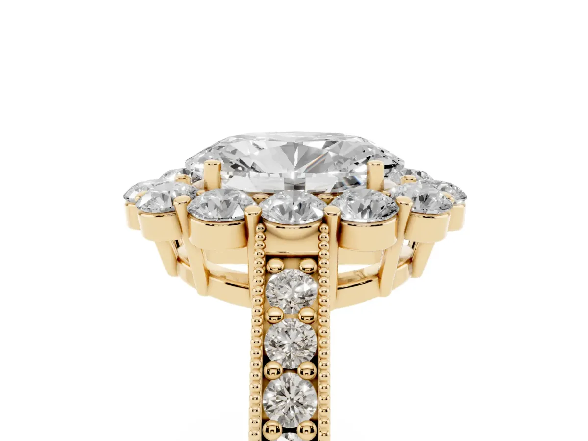 Oval Cut Cut Halo Diamond Pavé Engagement Ring with Milgrain Detailing Yellow gold