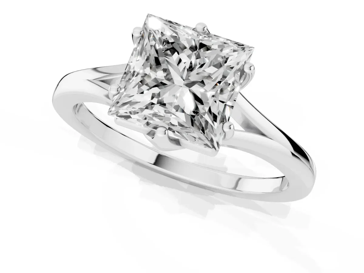 Princess Cut Solitaire Diamond Ring with Six-Prong Setting and Tapered Band Silver