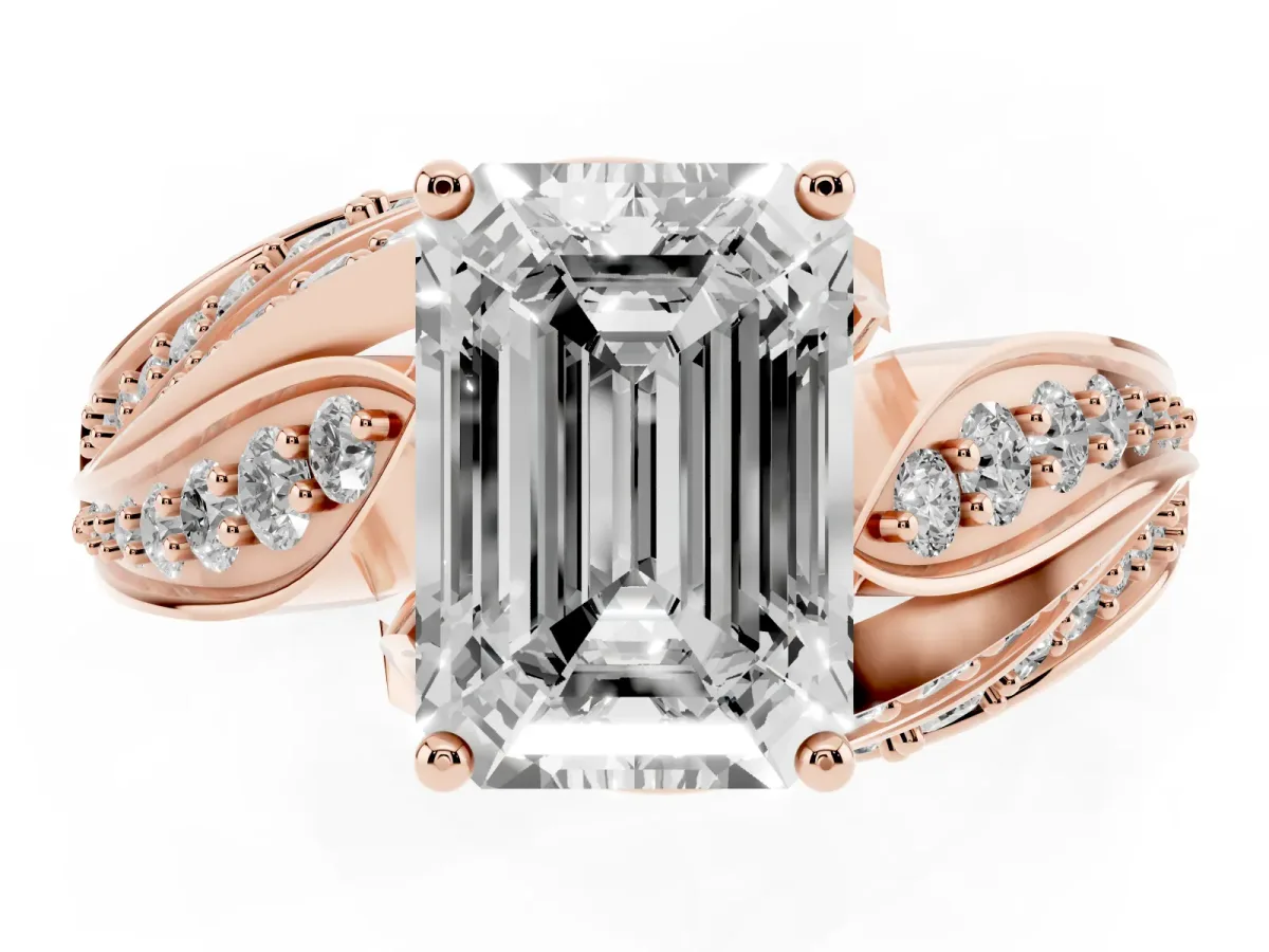 Emerald Cut Diamond Solitaire Ring with Prong Setting and Twisted Pavé Band Rose gold