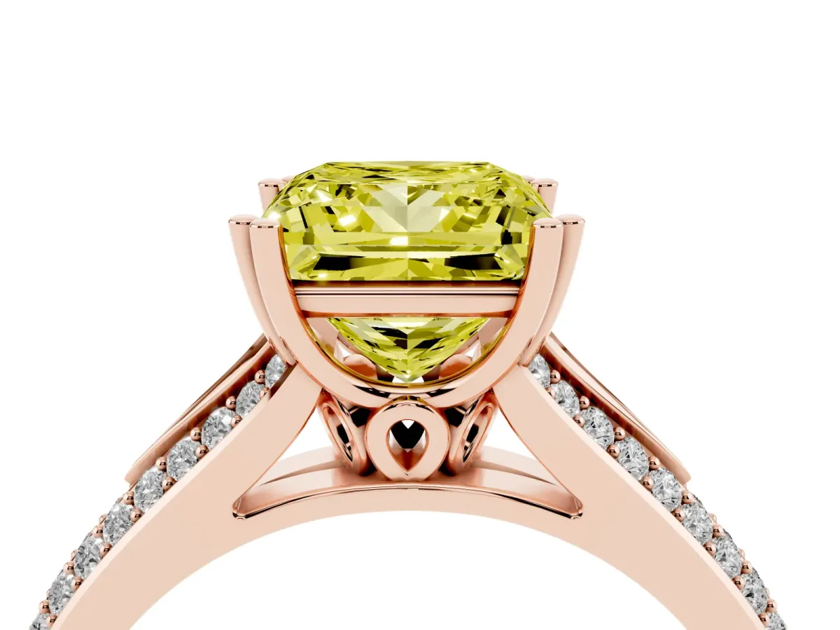 Fancy Yellow Princess Cut Diamond Split Shank Engagement Ring with Pavé Band Rose gold