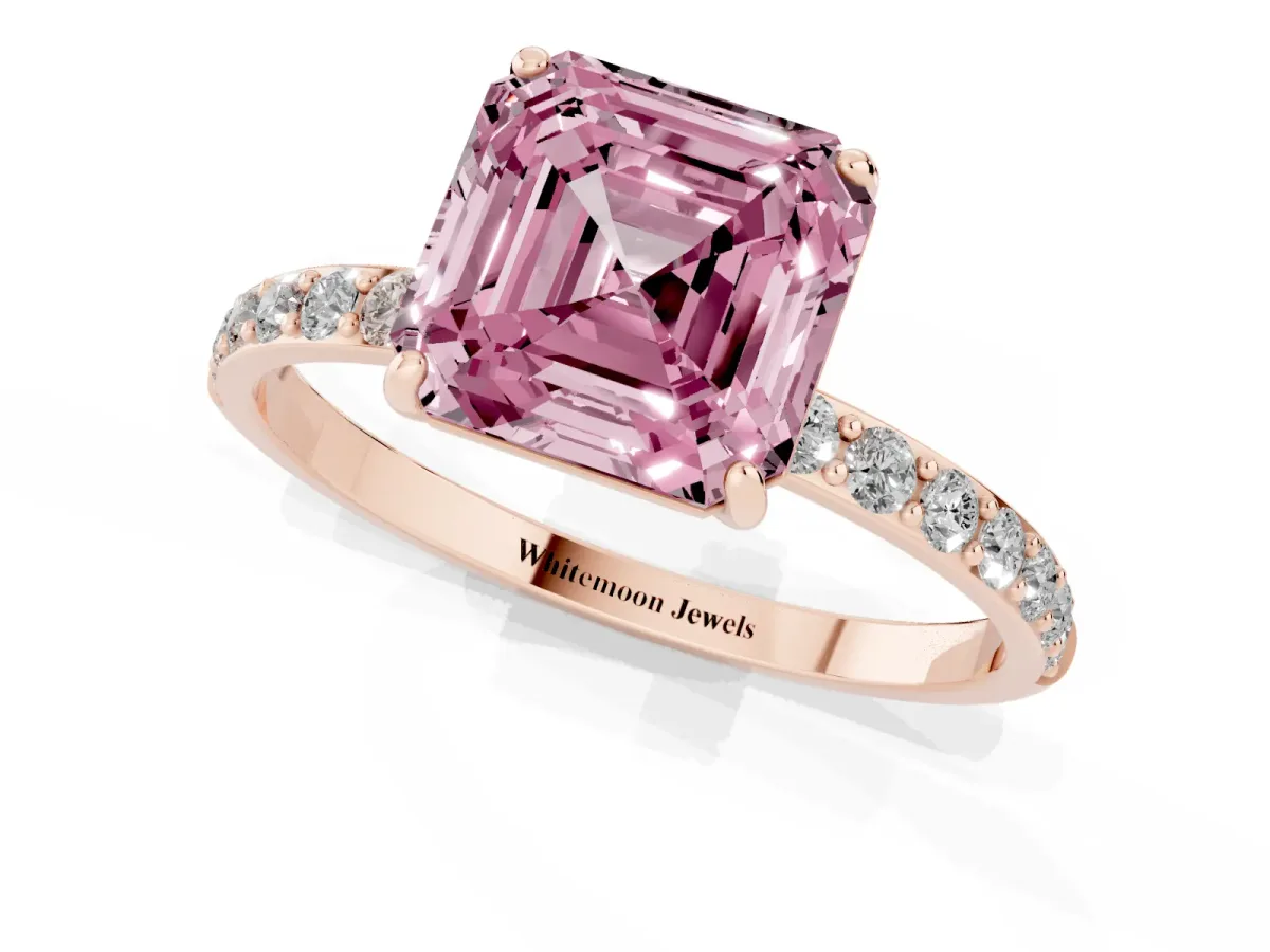 Fancy Pink Asscher Cut Diamond Solitaire Ring with Round Pavé Shoulders and Prong Setting Rose gold