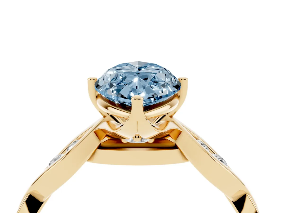 Fancy Blue Marquise Cut Solitaire Twist Band with Leaf Prong Setting Yellow gold