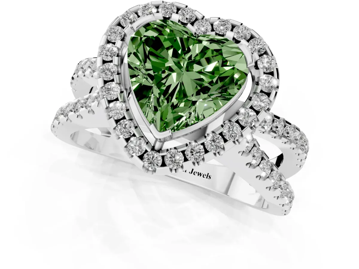 Fancy Green Heart Cut Diamond Halo Ring with Split Shank Pavé Band and Prong Setting Silver