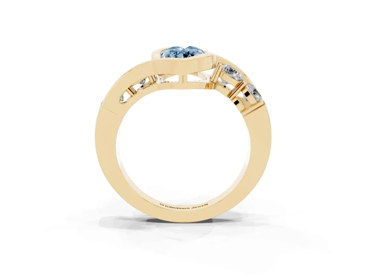 Fancy Blue Bezel Set Marquise Cut Diamond Bypass Ring with Round Accents Yellow gold