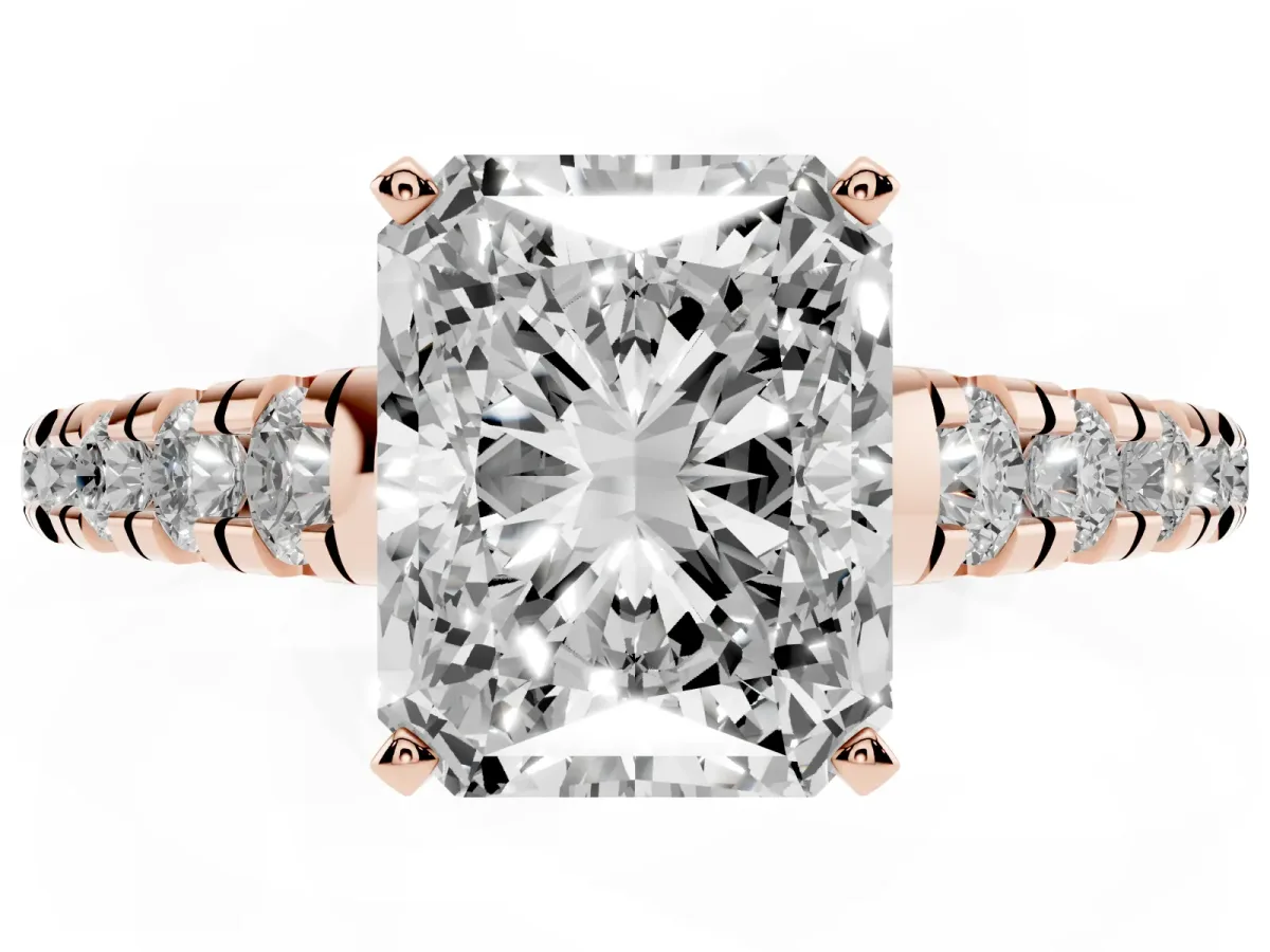 Radiant Cut Diamond Cathedral Solitaire Ring with Round Pavé Band Rose gold