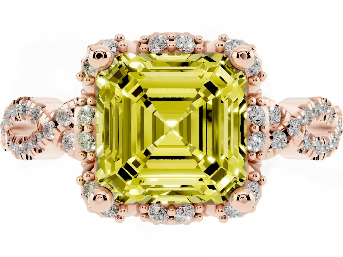 Fancy Yellow Asscher Cut Halo Twist Band Solitaire Ring with Six-Prong Setting Rose gold