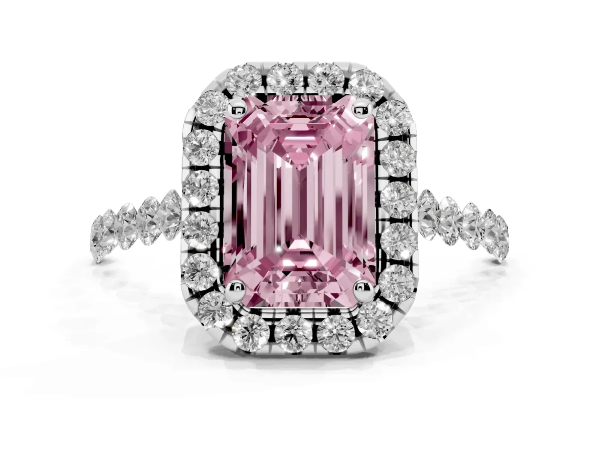 Fancy Pink Emerald Cut Halo Pavé Diamond Engagement Ring with Four-Prong Setting Silver