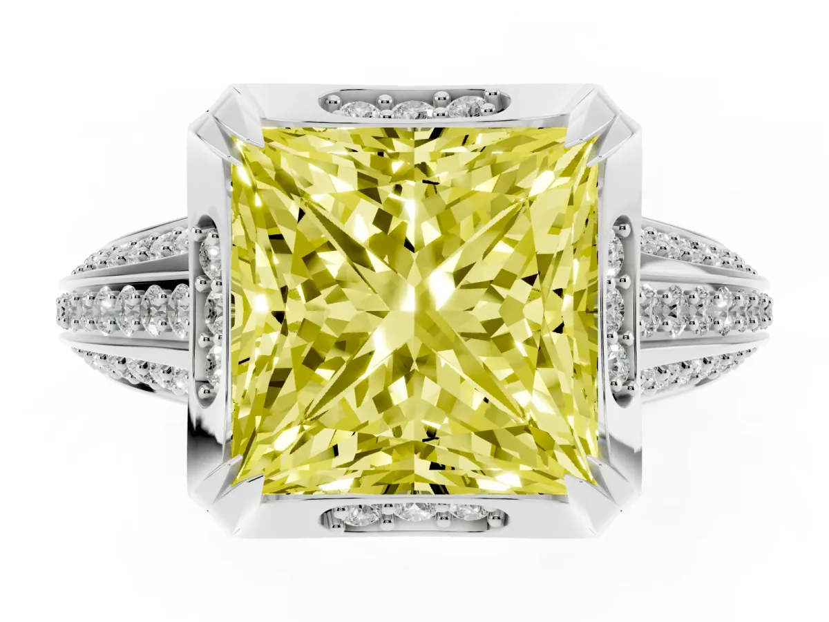 Fancy Yellow Princess Cut Solitaire Pave Split Shank Ring with Four-Prong Setting Silver