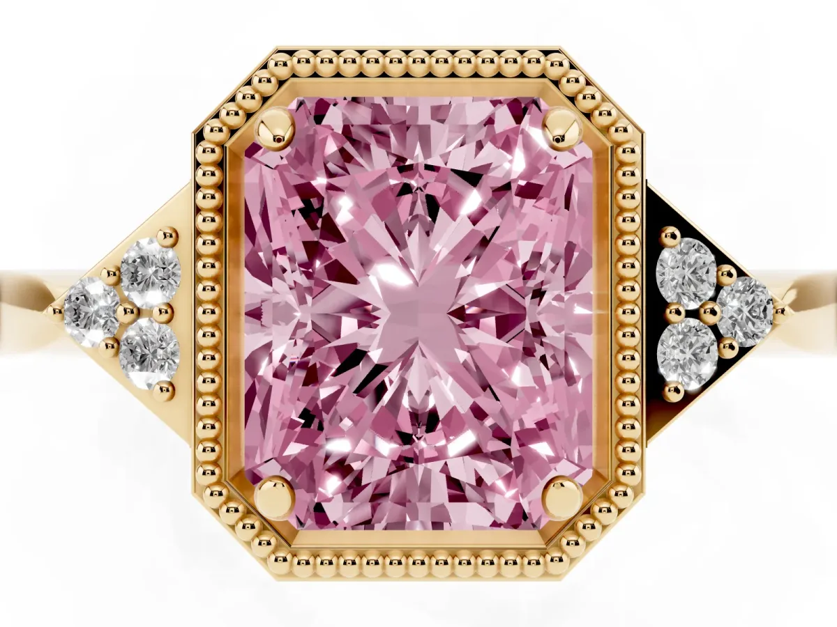 Fancy Pink Hexagonal Halo Radiant Cut Diamond Solitaire with Pavé Band and Four-Prong Setting Yellow gold