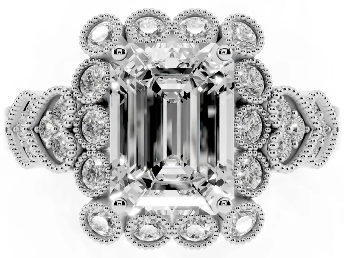 Emerald Cut Brilliant Milgrain Pave Heart Band Solitaire Ring Silver