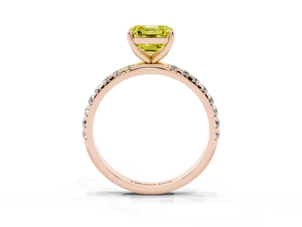 Fancy Yellow Asscher Cut Cut Diamond Solitaire Ring with Micro Pave Band and Four Prong Setting Rose gold